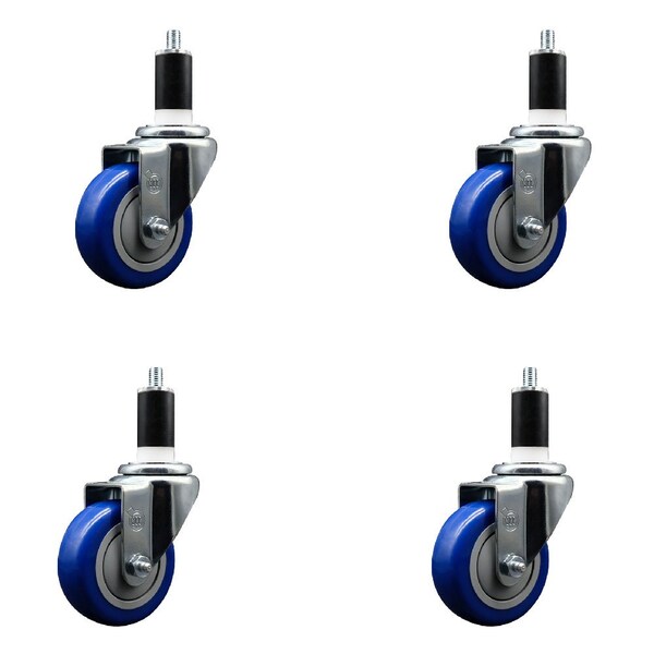 3.5'' Blue Poly Wheel Swivel 1-3/8'' Expanding Stem Caster Set, 4PK